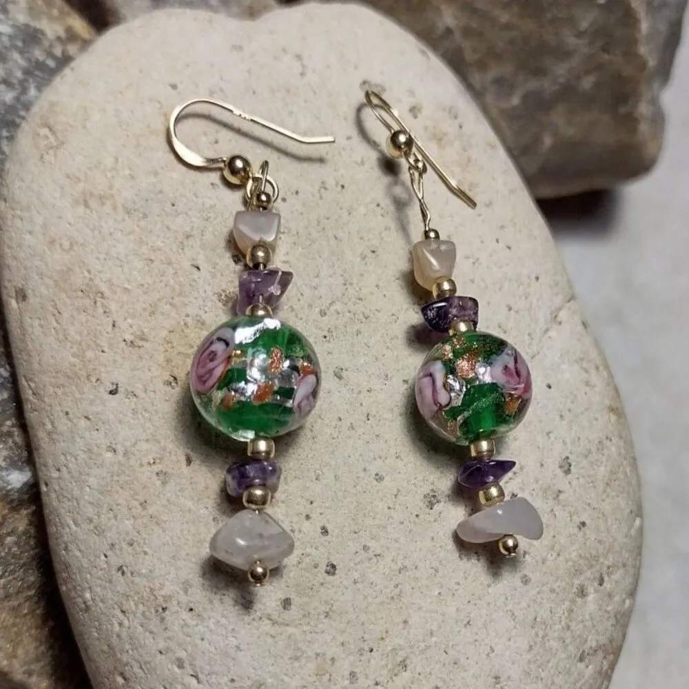 14k GF Murano Glass Foil Rose Bead Dangle Earrings